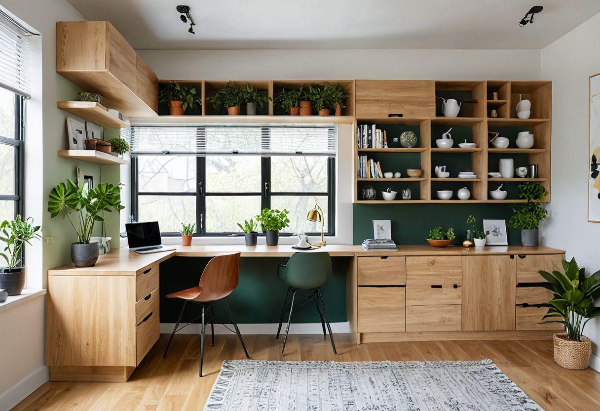 A modern, stylish room showcasing innovative storage solutions like sleek cabinets, multifunctional furniture, and open shelving. The space is bright, airy, and organized, with an emphasis on maximizing functionality without sacrificing aesthetics. Soft natural light filters through large windows, highlighting the creativity in storage design. Include plants and decorative elements for a homey touch. super-realistic. vibrant colors. modern design.