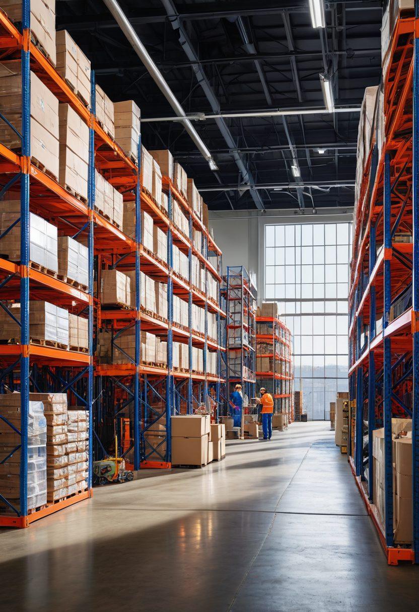 A dynamic warehouse scene showcasing a variety of heavy-duty storage solutions and custom racks, with a diverse group of workers efficiently organizing and utilizing the space. Bright colors highlight different rack designs, while tools and materials are thoughtfully arranged around them. A clear, blue sky through large windows illuminates the interior, emphasizing innovation and adaptability. modern industrial style. vibrant colors. high-resolution.